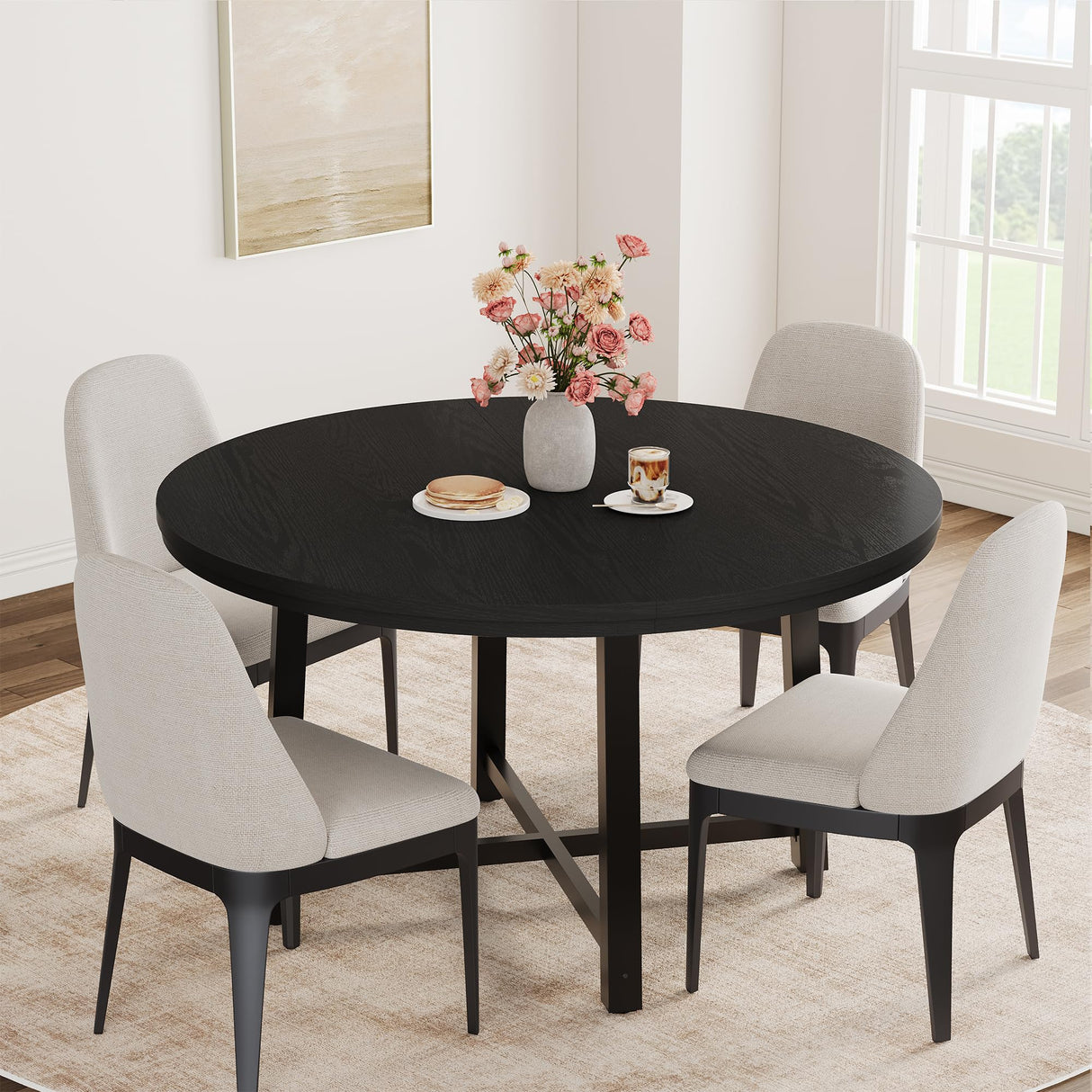 IDEALHOUSE 47" Round Dining Table for 4, Kitchen Dining Room Table with Sturdy Metal Frame, Wood Circle Kitchen Table for Space Saving -Black IDEALHOUSE