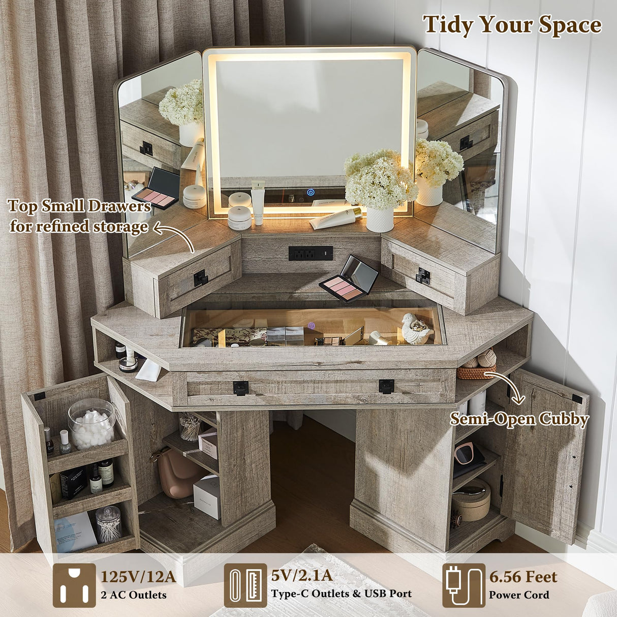 T4TREAM Corner Vanity Desk with Mirror and Lights, Makeup Desk with 3 Way Mirror and Lights, Farmhouse Vanity Table with Charging Station & Glass Top, 48" Vanity Desk with 3 Drawers(Light Rustic Oak) T4TREAM