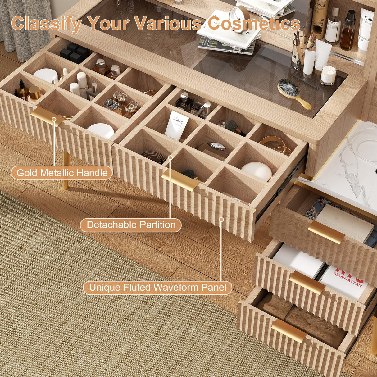 48" Fluted Makeup Vanity Desk with Sliding Mirror and Lights, Wooden Dressing Table with 5 Drawers and Adjustable Shelves,Makeup Vanity Table Modern Glass Top with Charging Station for Bedroom (Oak) TTSITG