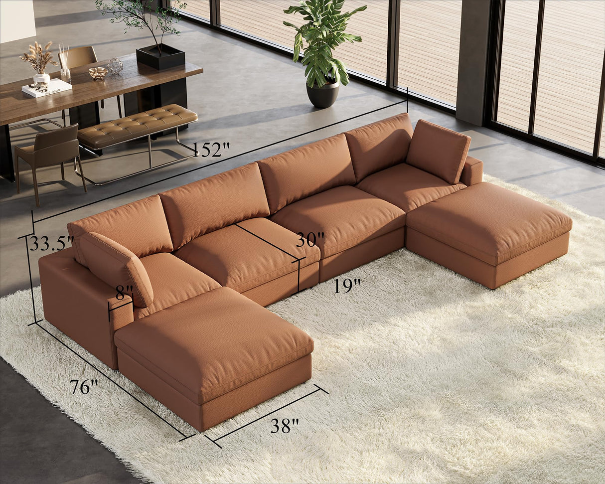PaPaJet Modular Sectional Sofa, 152 Inches Down Filled Sectional Sofa, 6 Seats U Shaped Cloud Couch with Chaise, Ottoman, Oversized Couch for Living Room, Brown Anti-Scratch Leathaire Couch Set PaPaJet