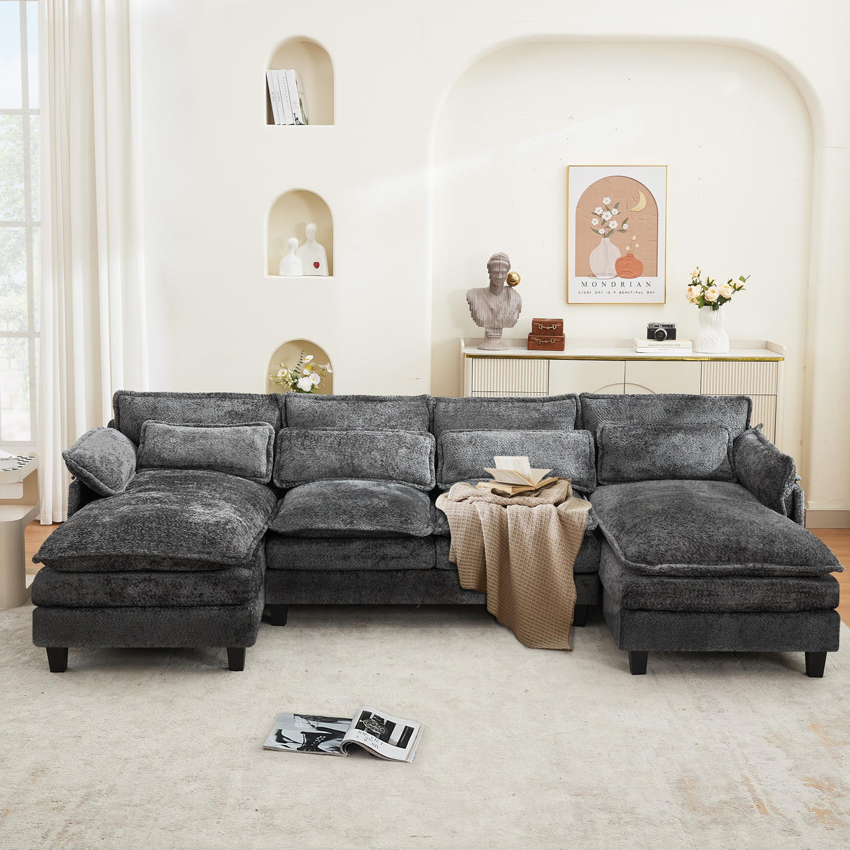 110" U Shape Cloud Couch, Comfy Upholstered Sectional Couches for Living Room, Oversized Modular Sleeper Sectional Sofa with Double Cushions & 4 Lumbar Pillows, Grey jonpony