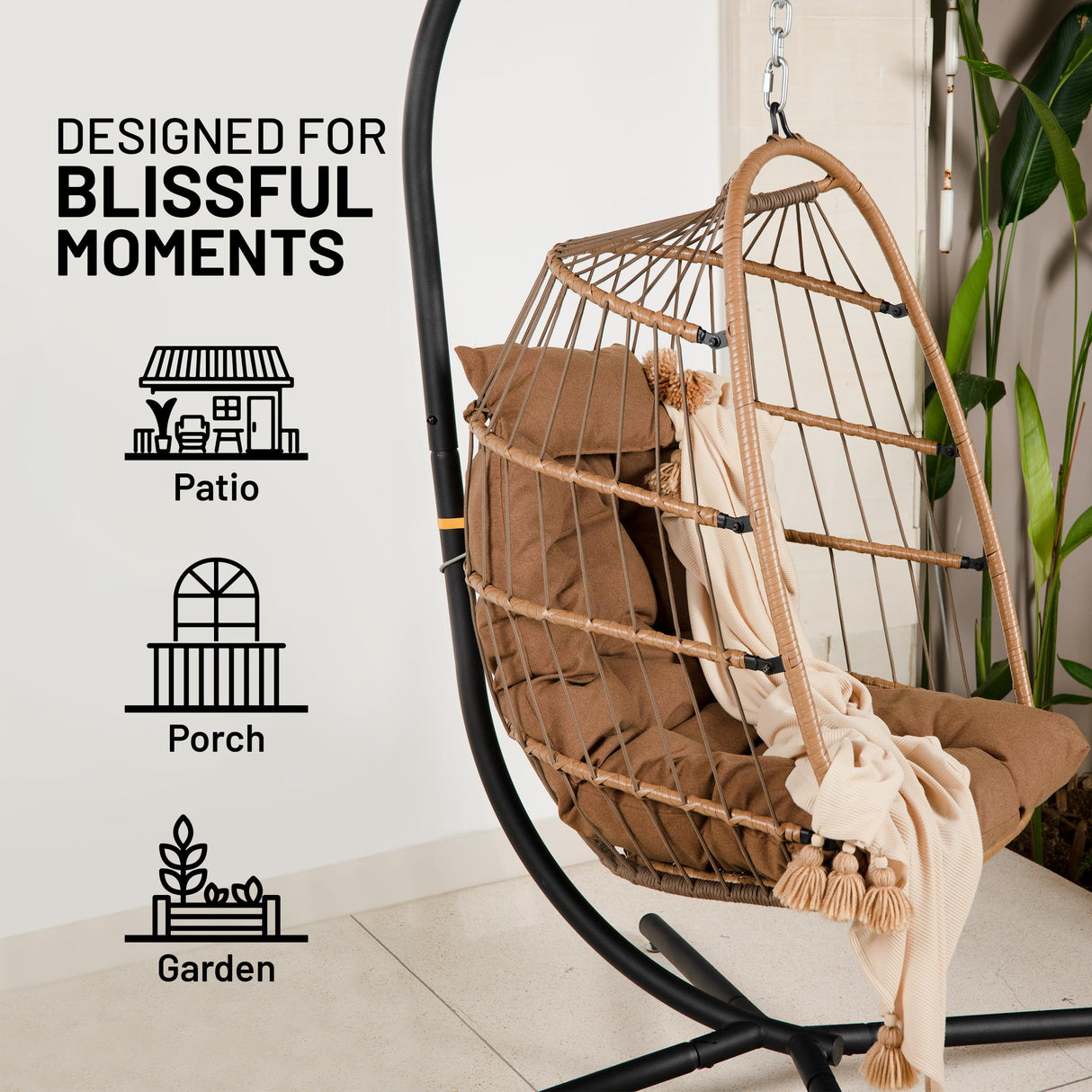 SereneLife Hanging Egg Chair with Stand - Up to 550 lbs of Capacity - Beautiful Swinging Basket Chair with Base Made from Wicker Rattan and Powder-Coated Steel Frame - Egg Swing Chair with Stand SereneLife