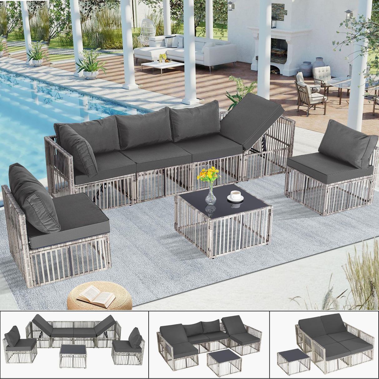 FHFO 7 Pieces Outdoor Patio Furniture Set, Wicker Outdoor Sectional Conversation Couch Set with Adjustable Backrest Sofa, Grey Cushions & Coffee Table for Outside,Garden,Deck,Grey FHFO