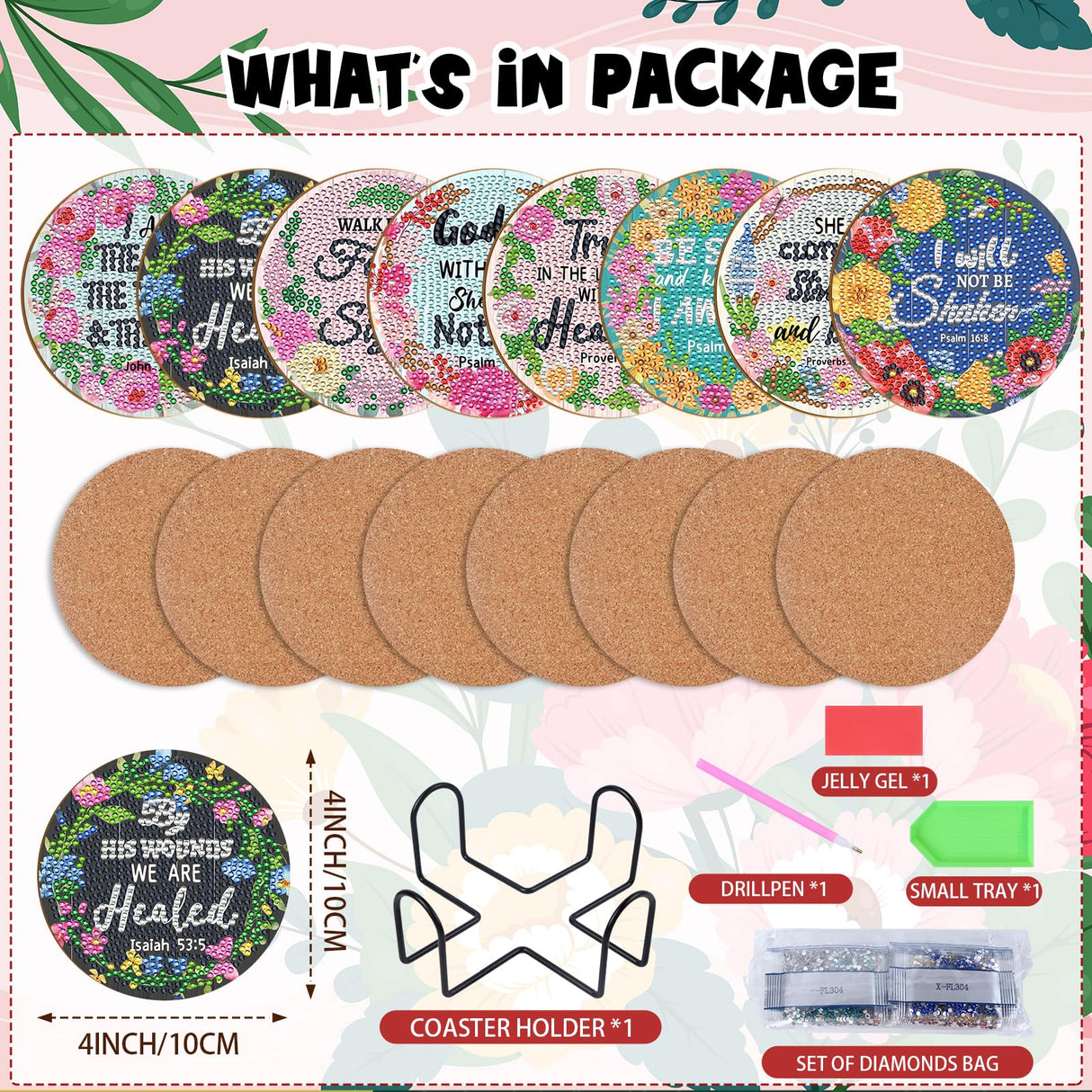 Sitsink Christian Diamond Painting Coasters - 8 Pcs Christian Bible Verse Diamond Art Coasters Kit, DIY Diamond Dot Coasters Kits for Adults, Bible Verse Diamond Painting Coasters Kits with Holders Sitsink