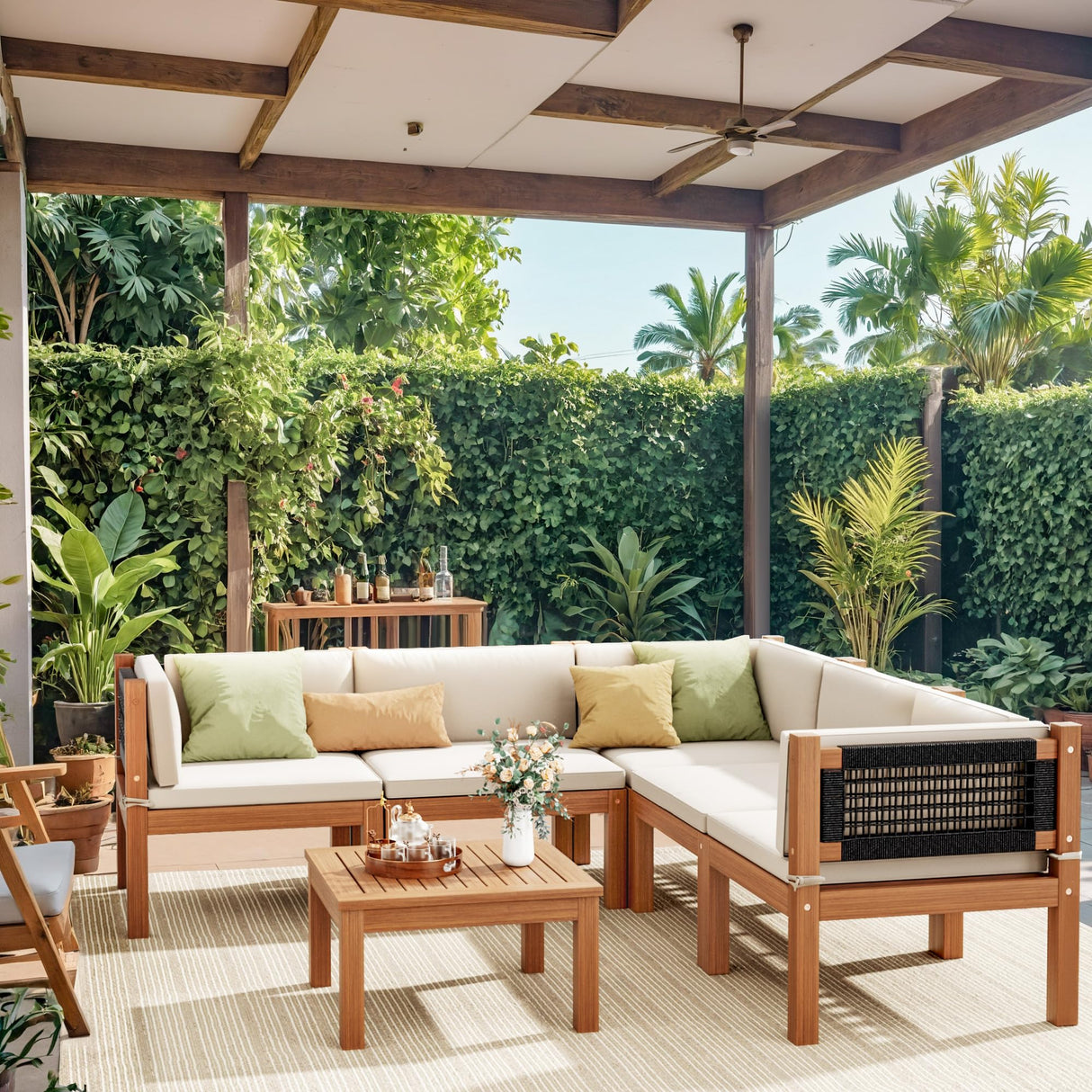 Devoko Outdoor Sectional Couch 6 Pieces Patio Sectional Sofa with Acacia Wood Coffee Table, Outdoor L-Shaped Couch with All-Weather Cushion for Patio,Deck,Backyard(White) Devoko