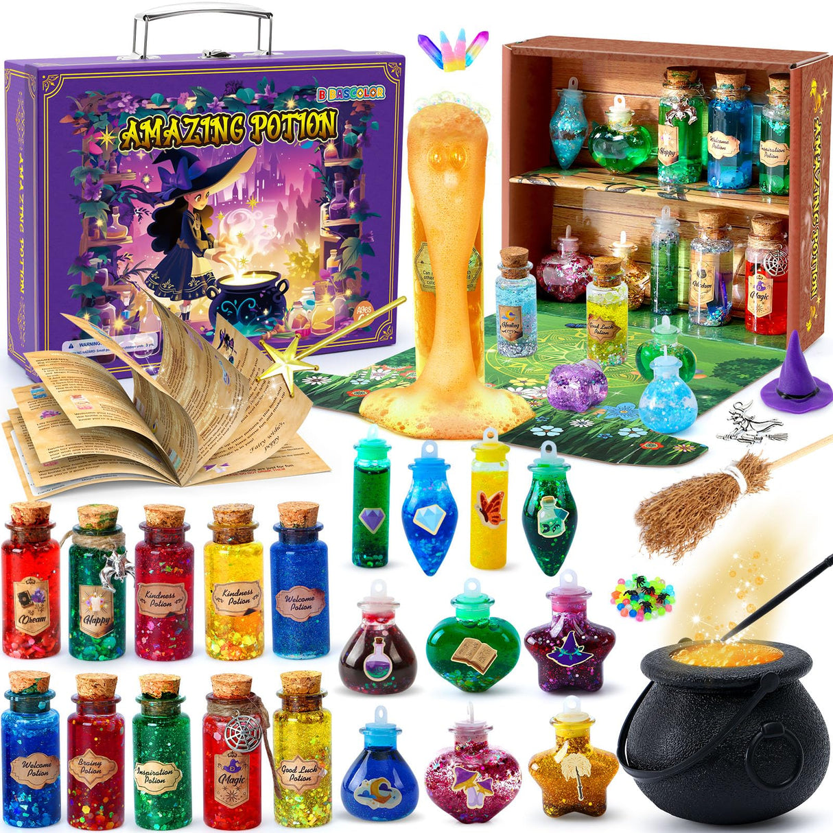 B Bascolor Potion Kits for Kids Girls Toys, 20 Magic Themed Witch Mix Potion Bottles/Cauldron/Magic Carry Case, Kids Potion Making Kit, Halloween Christmas Birthday gifts for girls kid age 6 7 8-10-12 B Bascolor