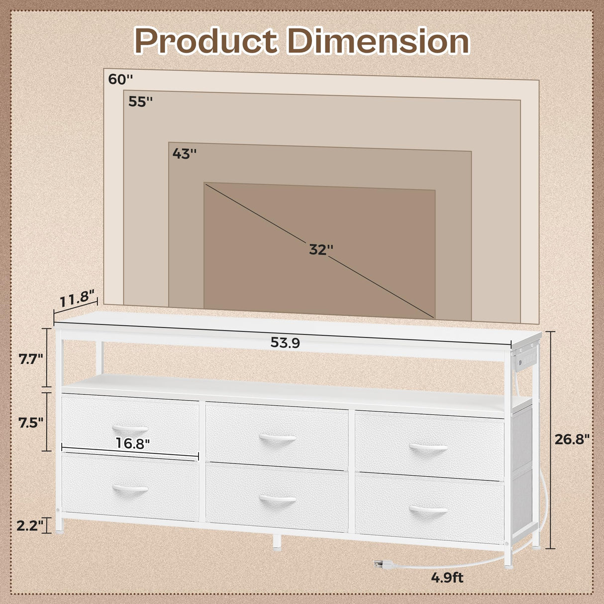 Huuger LED TV Stand for Bedroom, 55 Inch Fabric Dresser with Power Outlets, Entertainment Center for 60, 55, 50 Inch TV, 6 Drawer Dresser for Bedroom, Chest of Drawers with Shlef, PU Leather, White Huuger