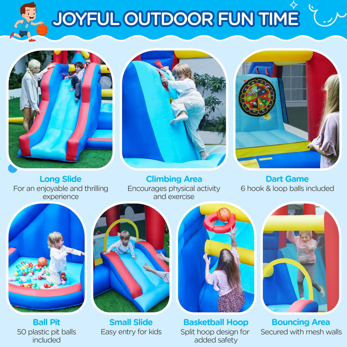 Yaheetech Inflatable Bounce House, 7-in-1 Bouncy Castle Combo w/Ball Pit & Bouncing Area & Slides & Basketball Game & Dart Game, Jump House for Kids Aged 3-10 w/Storage Bag & 470W Blower Yaheetech