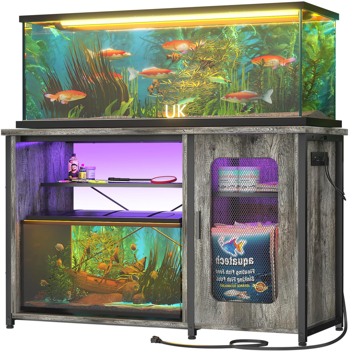 Unikito 55-75 Gallon Aquarium Stand with Power Outlets & LED Light, Reversible Fish Tank Stand with Cabinet for Fish Tank Accessories Storage, Heavy Duty Metal Frame, 880LBS Capacity, Black Oak Unikito