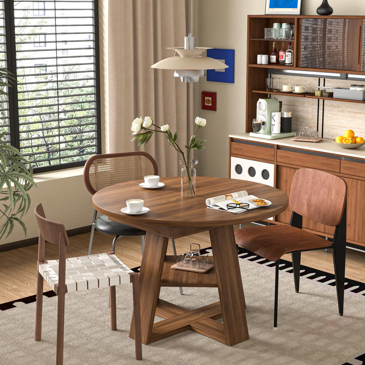 43.3in-59in Extendable Round Dining Table for 4-8,Modern Kitchen Oval Dining Table with Removable Leaves Space Saving,Wood Base with Storage Shelf for Kitchen Living Room (Walnut) Mxtxmy