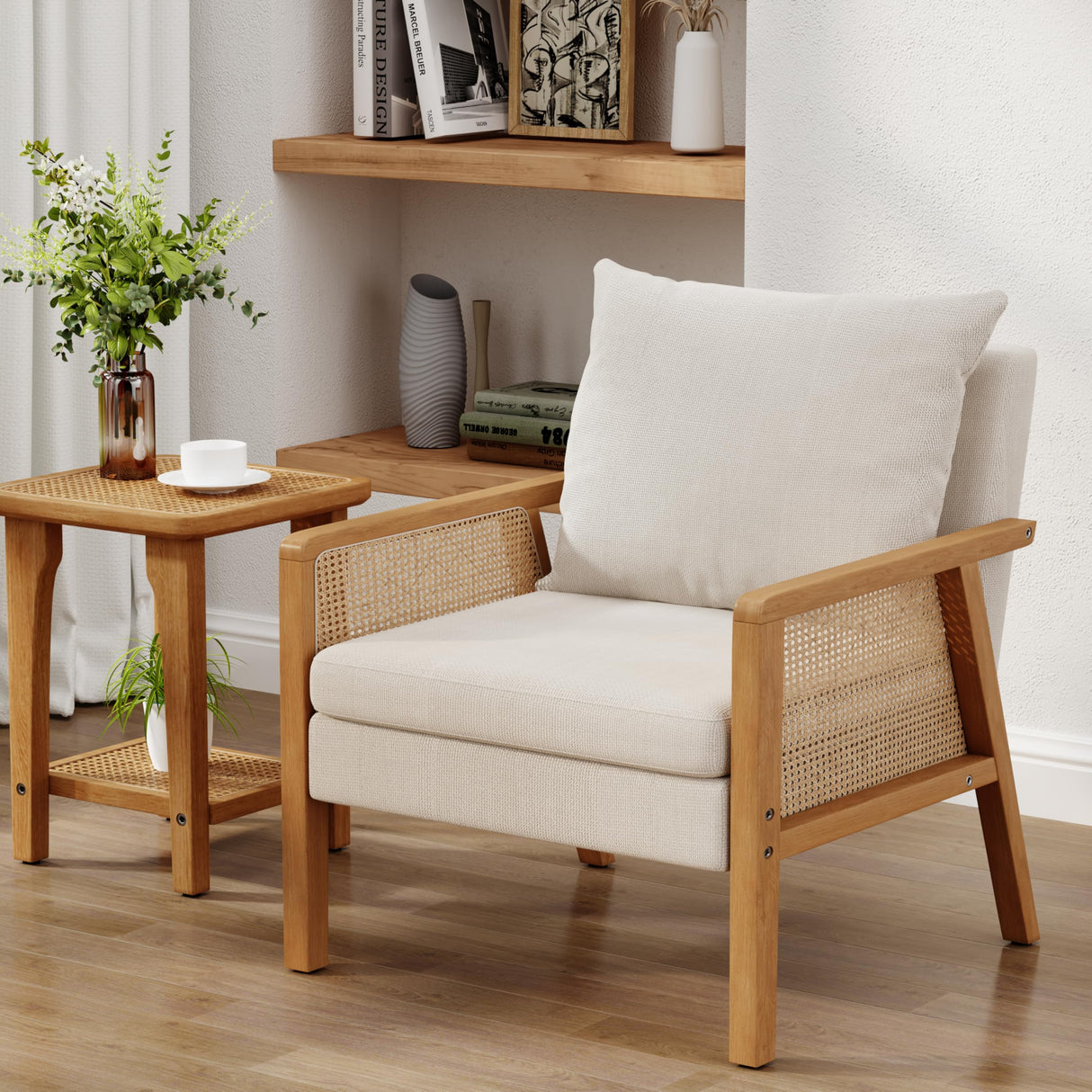 Awonde Ivory Accent Chair Linen Mid Century Modern Upholstered Living Room Chairs with Natural Rattan Arms Bedroom Reading Armchair Awonde