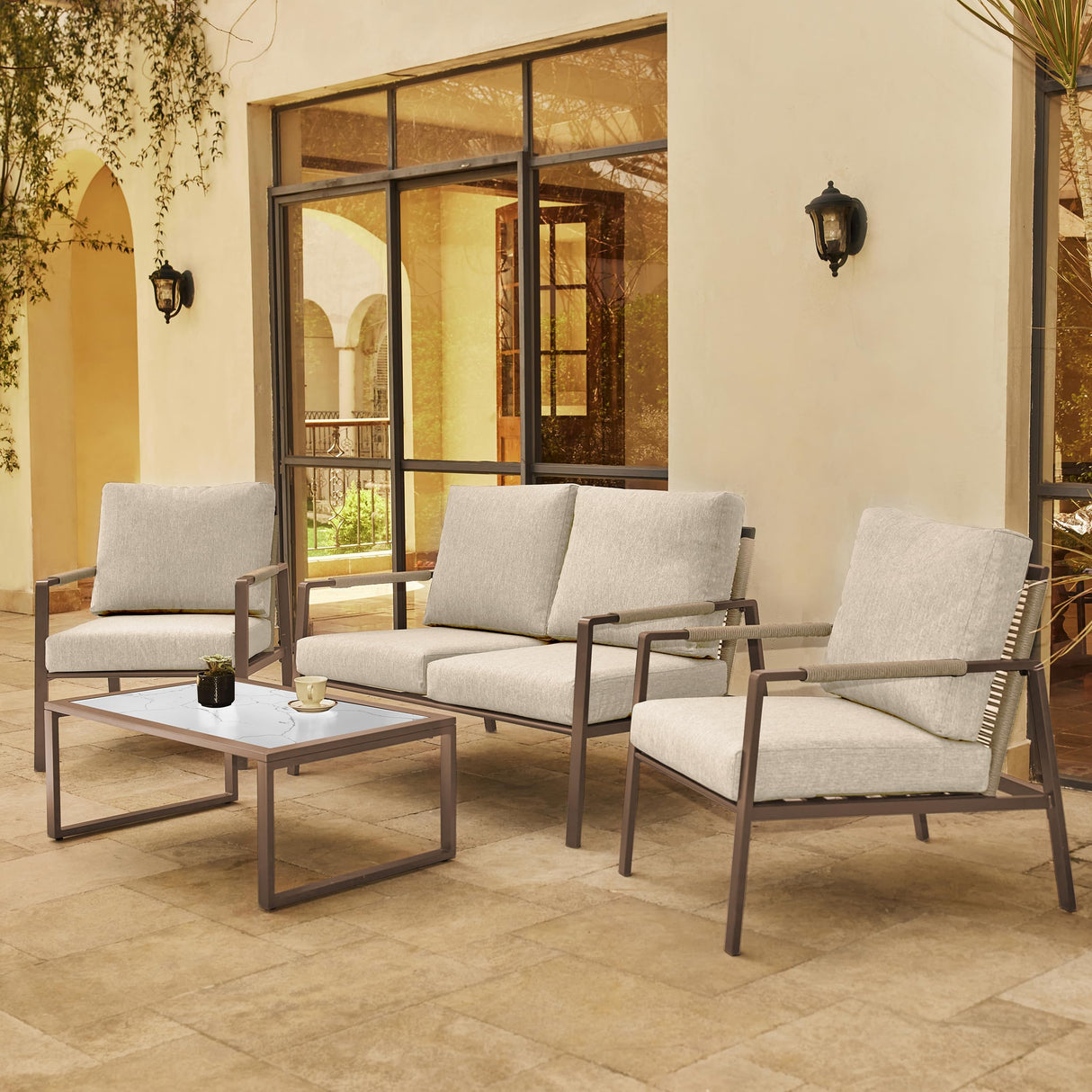 EAST OAK 4-Piece Patio Furniture Set, Outdoor Furniture Set with Thick Cushion,Waterproof Patio Conversation Set for 4, Woven Armrests Loverseat and Table for Backyard, Creamy Apricot EAST OAK