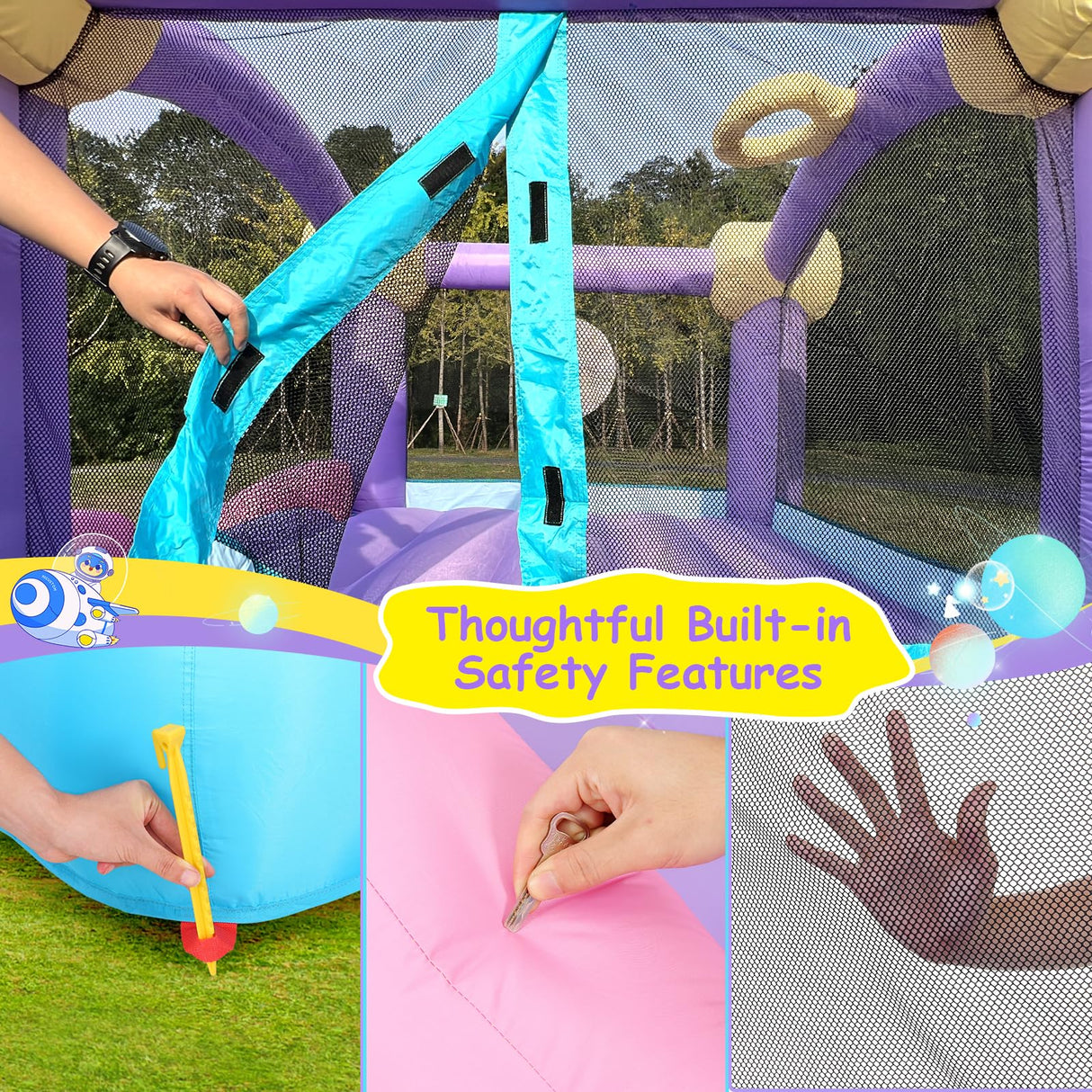 Inflatable Bounce House for Kids 3-6 with Water Slide Ball Pit Pool & 50 Ocean Balls, 5 in 1 Bouncy Castle w/ 6 Sticky Ball Dart Board Game, Basketball Hoop, Storage Bag & Blower Indoor Outdoor Party ROOJER