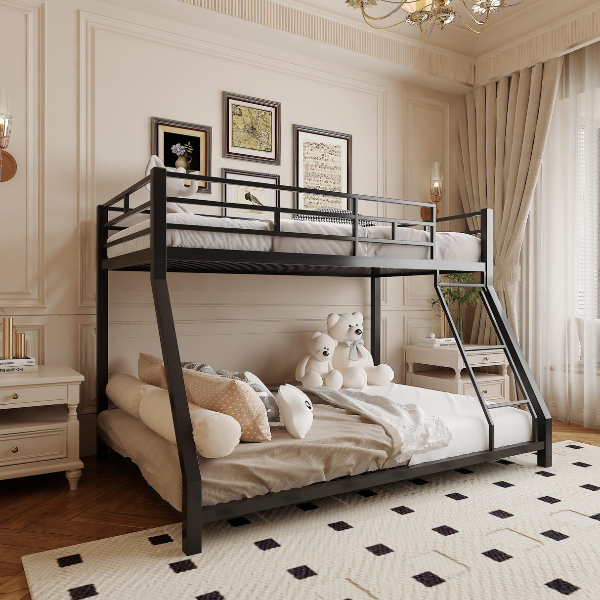 EMKK Twin Over Full Bunk Bed for Adults, Metal Bunk Beds Twin Over Full Size for Teens Dorm Bedroom Guest Room,Heavy Duty Bunk Beds with Ladder and Safety Full Length Guardrail (Black G) EMKK