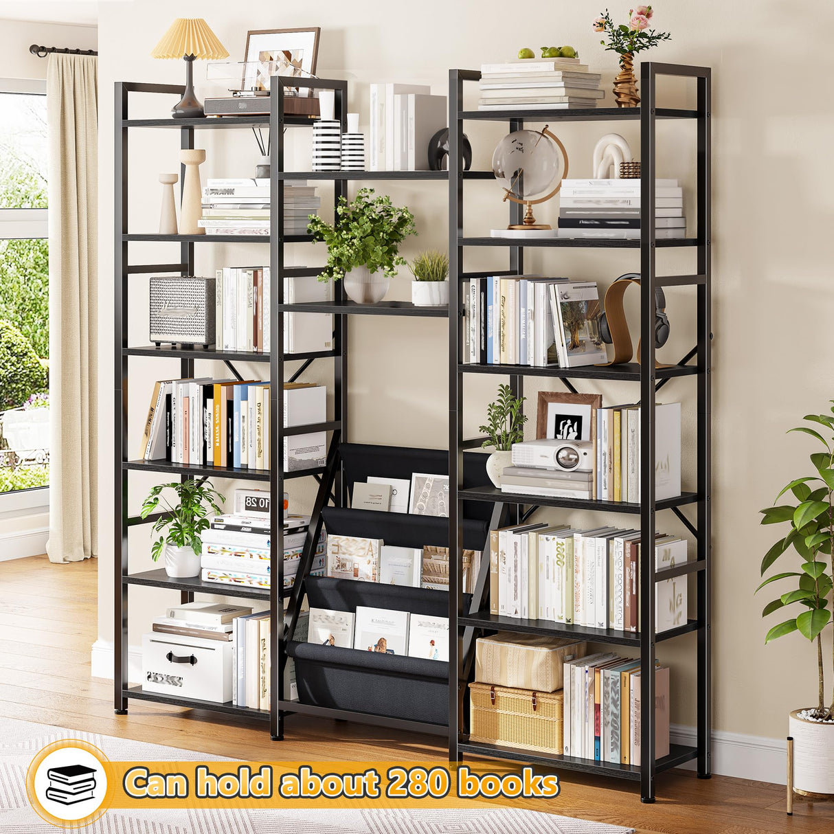 DurayLoly Bookshelves and Bookcases 6 Tiers,Triple Wide Industrial Bookshelf, Large Etagere Bookshelf for Living Room, Home Office Rustic Brown DurayLoly