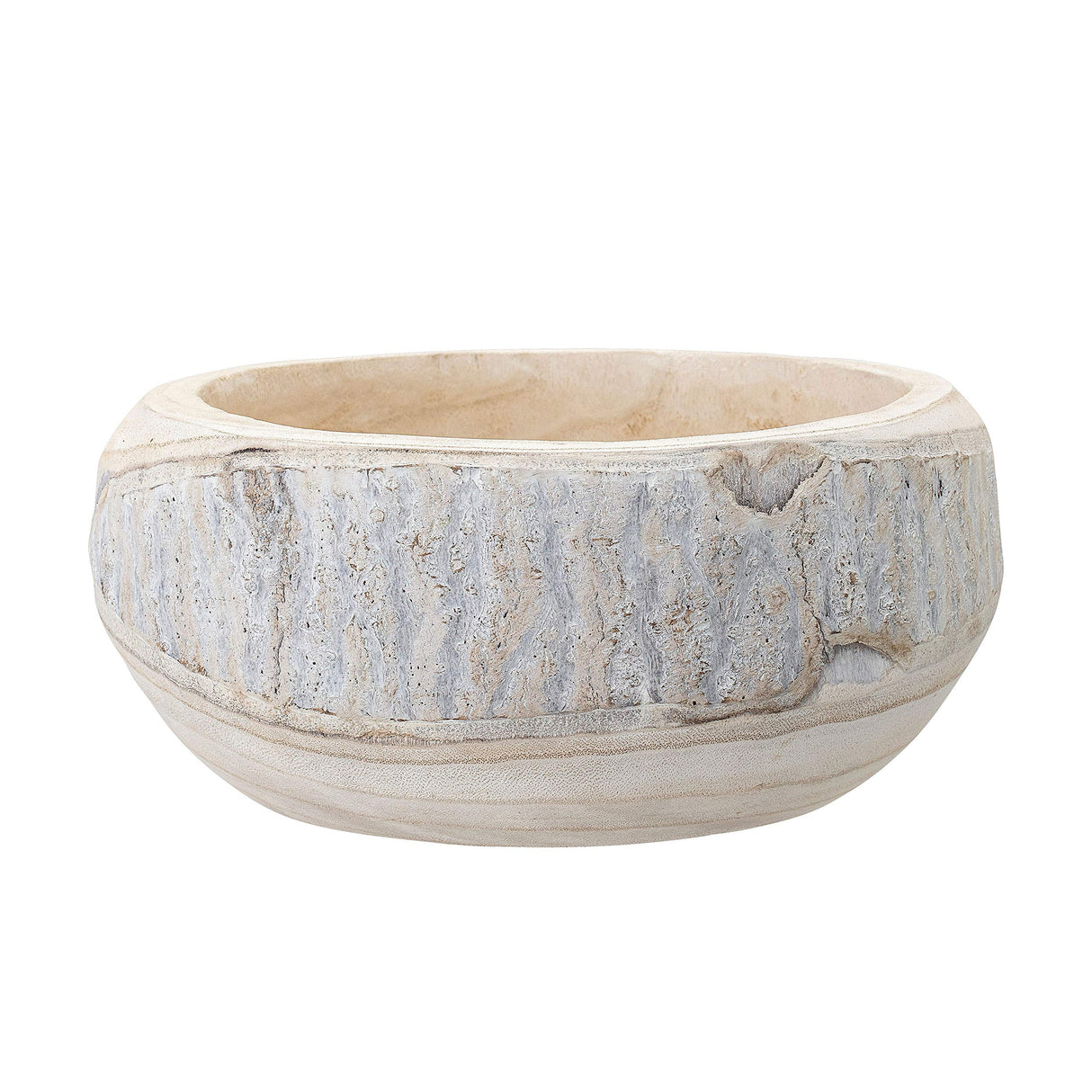 Bloomingville Decorative Hand-Carved Paulownia Wood Bowl, Whitewashed, 10.5 in Diameter, 4.25 in Tall Bloomingville