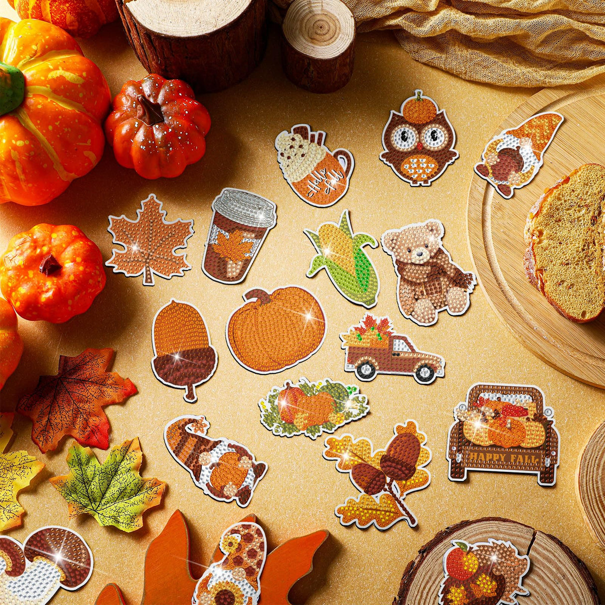 Copkim 30 Pcs Fall Diamond Art Magnets Kits DIY Autumn Pumpkin Maple Leaves Pine Nuts Diamond Painting Happy Fall Fridge Magnetic Stickers Gem Art Magnets for Beginners Holiday Decor Home Copkim