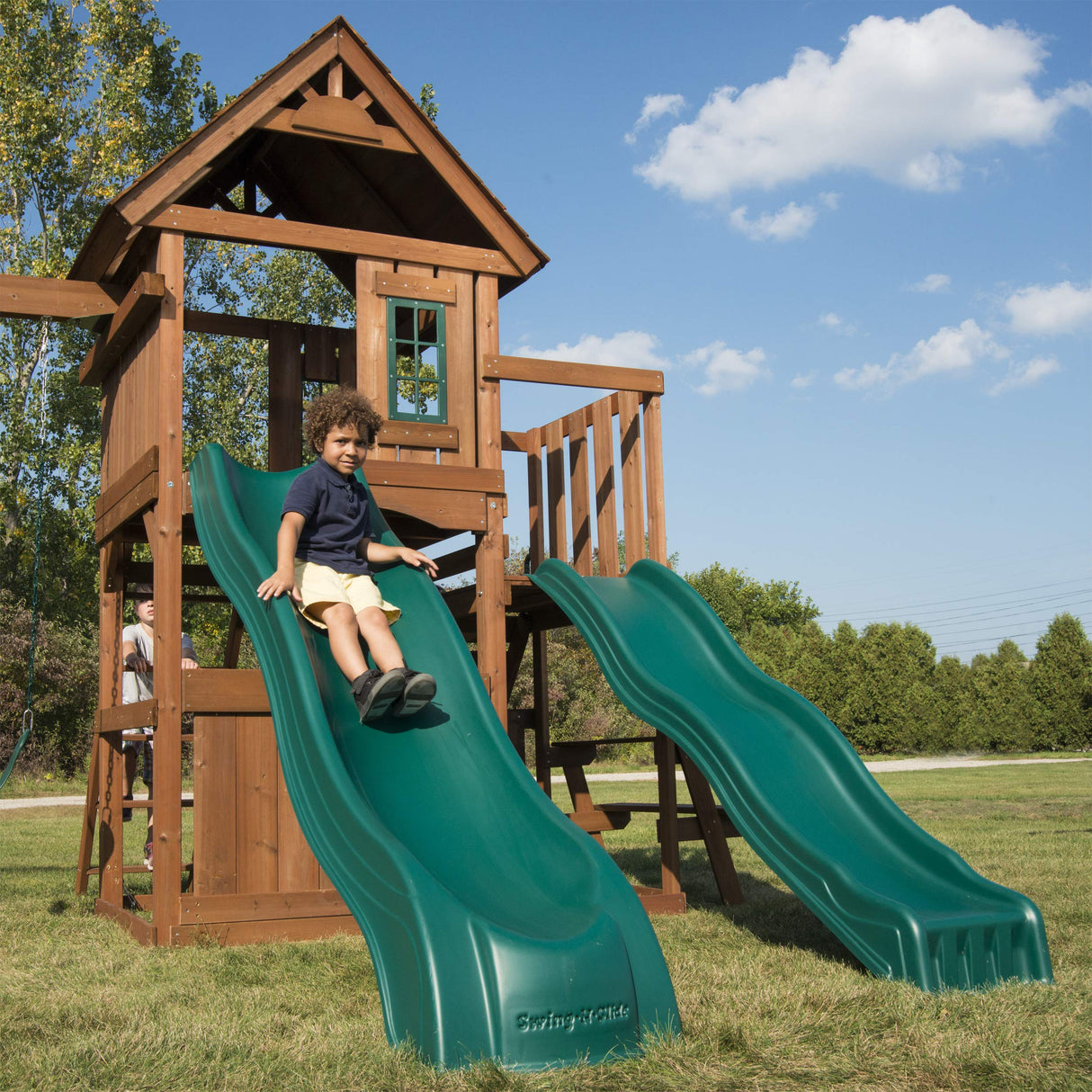 Swing-N-Slide WS 8353 Knightsbridge Deluxe Wooden Swing Set with Two Slides, Climbing Wall, Swings, Glider & Picnic Table, Wood Swing-N-Slide
