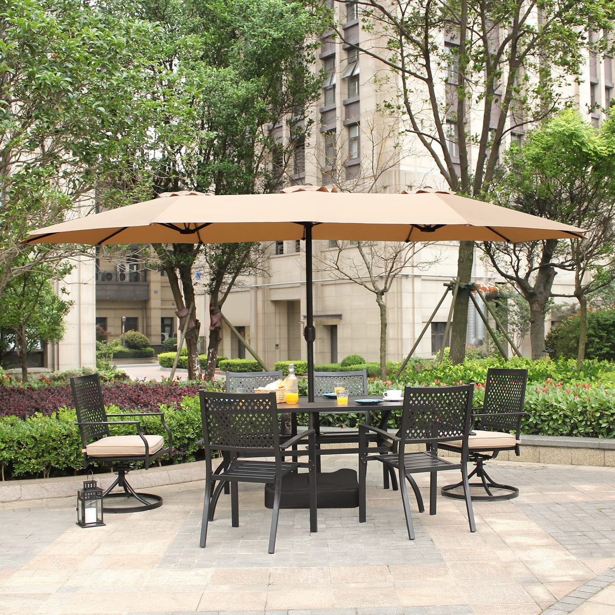 Bigroof 15ft x 9ft Patio Double-Sided Umbrella with Base & Crank, Extra Large Rectangular Outdoor Umbrella for Patio, poolside Lawn & Garden, Beige Bigroof