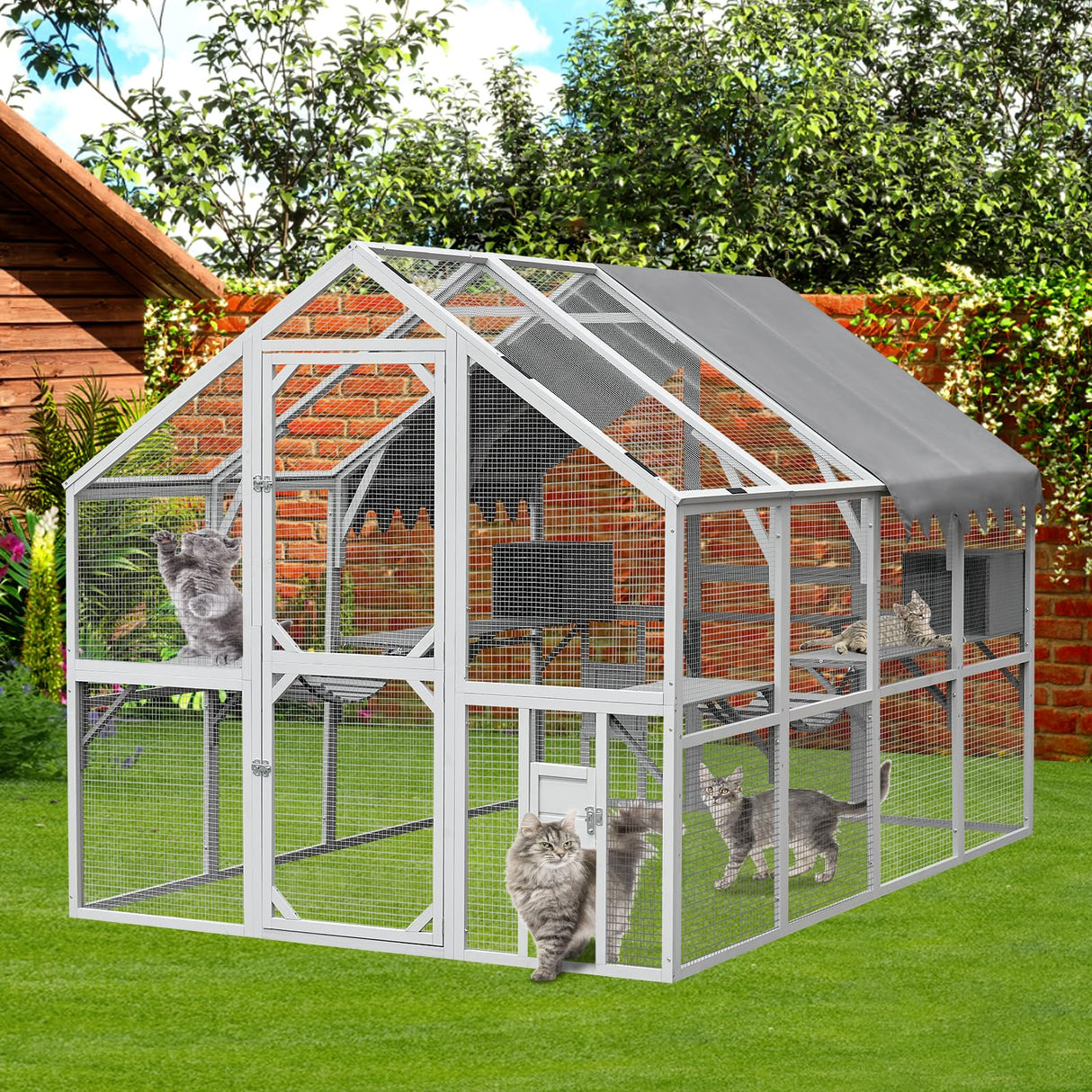 YOPTO 110" Outdoor Cat House Big Catio Wooden Cat Shelter Enclosure with Platforms,Upgrade Waterproof Cover,Large Spacious Interior,Two Small Sliding Doors,Grey&White YOPTO