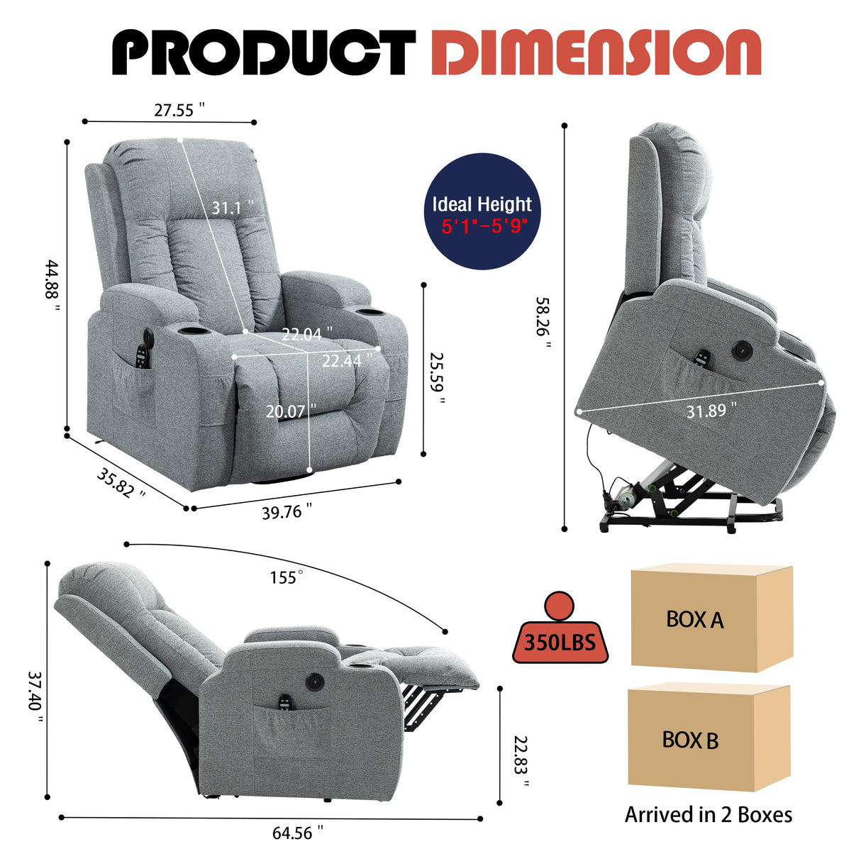 EZZUP Power Lift Recliner Chair for Elderly, Massage Recliner Chair with Heavy Duty Motion Mechanism, Single Motor Lift Chair with Lumbar Heating, Charging Port, Cup Holders - Fabric, Grey EZZUP