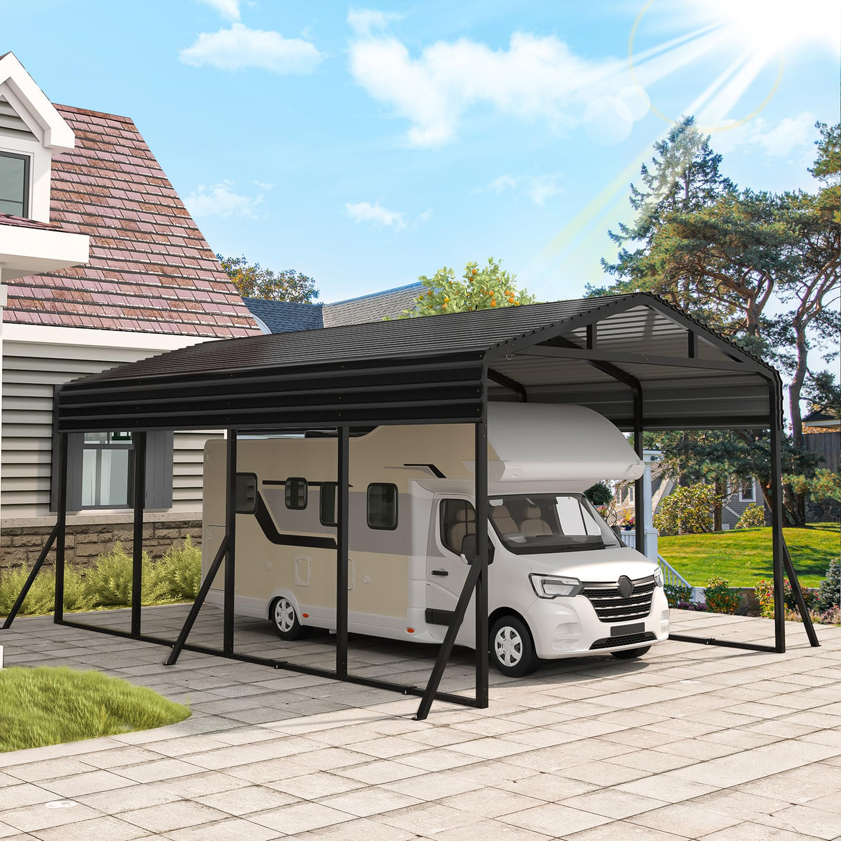 AirWire Carport Canopy 12’X20’ Heavy Duty Car Port Galvanized Steel Roof, Reinforced Stable Triangle Frame for Snowy Windy Metal Carports Enhanced Base Car Tent for Car,RV,Pickup,Boat,Truck,Tractor AirWire