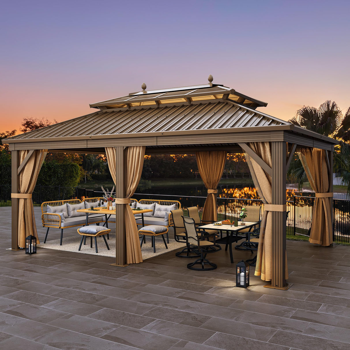 YITAHOME Gazebo 12x14ft Hardtop Heavy Duty Double Roof Outdoor Upgraded Galvanized w/Nettings Curtains Steel Combined of Horizontal Vertical Stripes Roof for Patio, Backyard, Deck, Lawn (Bronze) YITAHOME