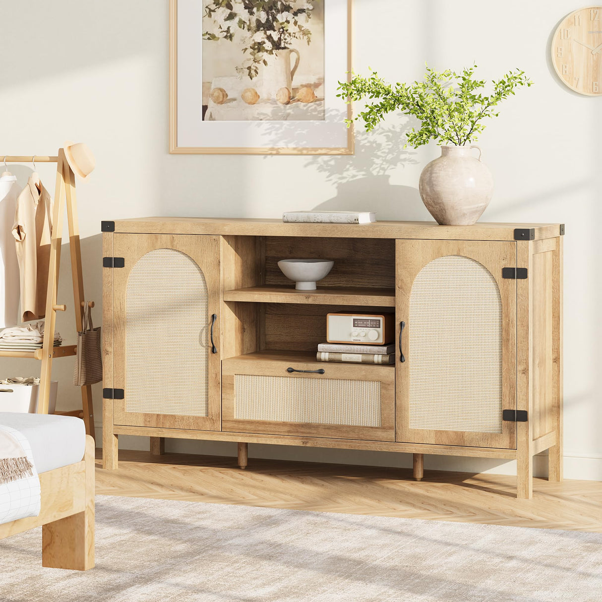 GarveeHome 47.2" Rattan Sideboard Buffet Cabinet with Storage, Farmhouse Kitchen Buffet Cabinet with Drawer, Boho Wooden Coffee Bar Cabinets with Open Shelves, for Dining Room, Living Room, Natural GarveeHome