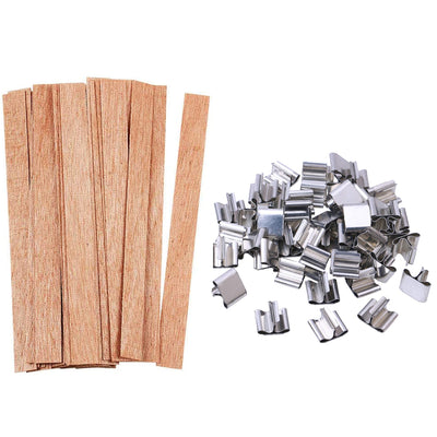 100 pcs Wooden Candle Wicks kit, Include 50 Pcs 5.1 X 0.5 Inch Candle Making Wicks and 50 Pcs Iron Stand Naturally Smokeless Wooden Candle Wicks Candle Cores for DIY Candle Making