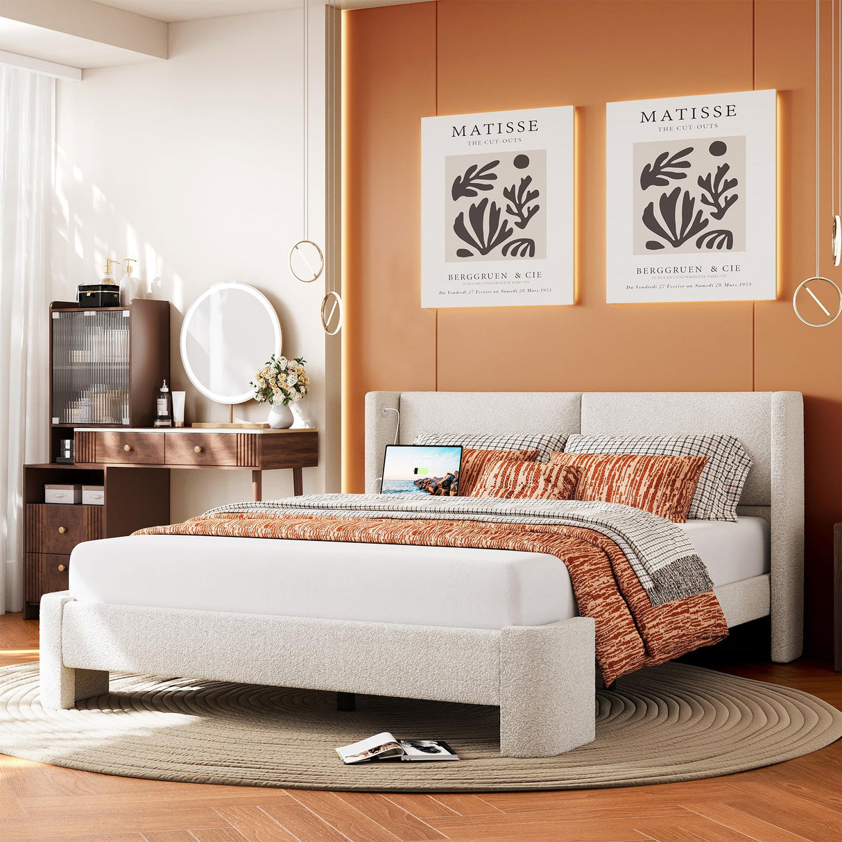 LIKIMIO Full Bed Frame with USB Ports, Upholstered Bed Frames with Headboard, Cloud Bed Frame No Box Spring Needed, Cream White LIKIMIO