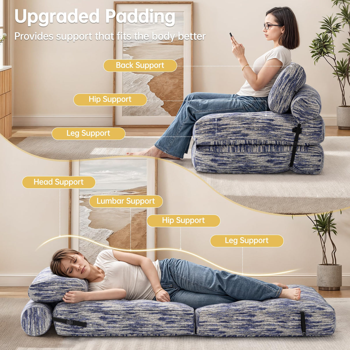 Airynee Folding Sofa Bed, Convertible Sleeper Chair Bed, Floor Couch for Adults with Back Support and Pillow, Comfy Floor Sofa Lounge for Small Spaces, Zha Blue Airynee