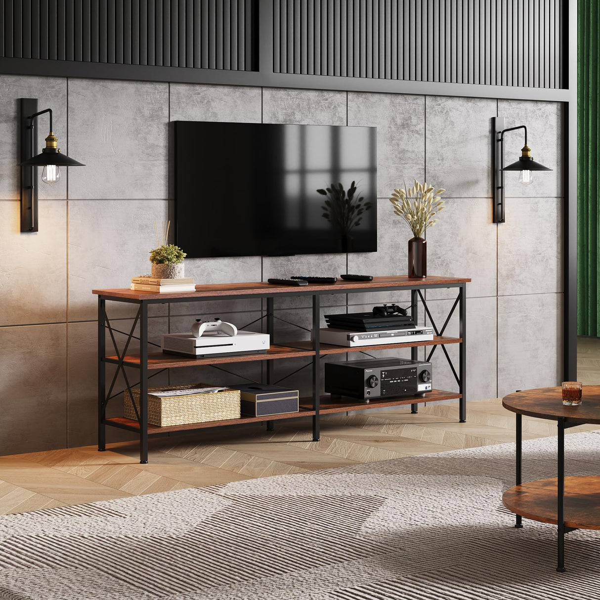 WLIVE TV Stand up to 70 Inch TV, 63" Entertainment Center, TV Media Console with 3-Tier Storage Shelves for Living Room and Bedroom, Rustic Brown WLIVE