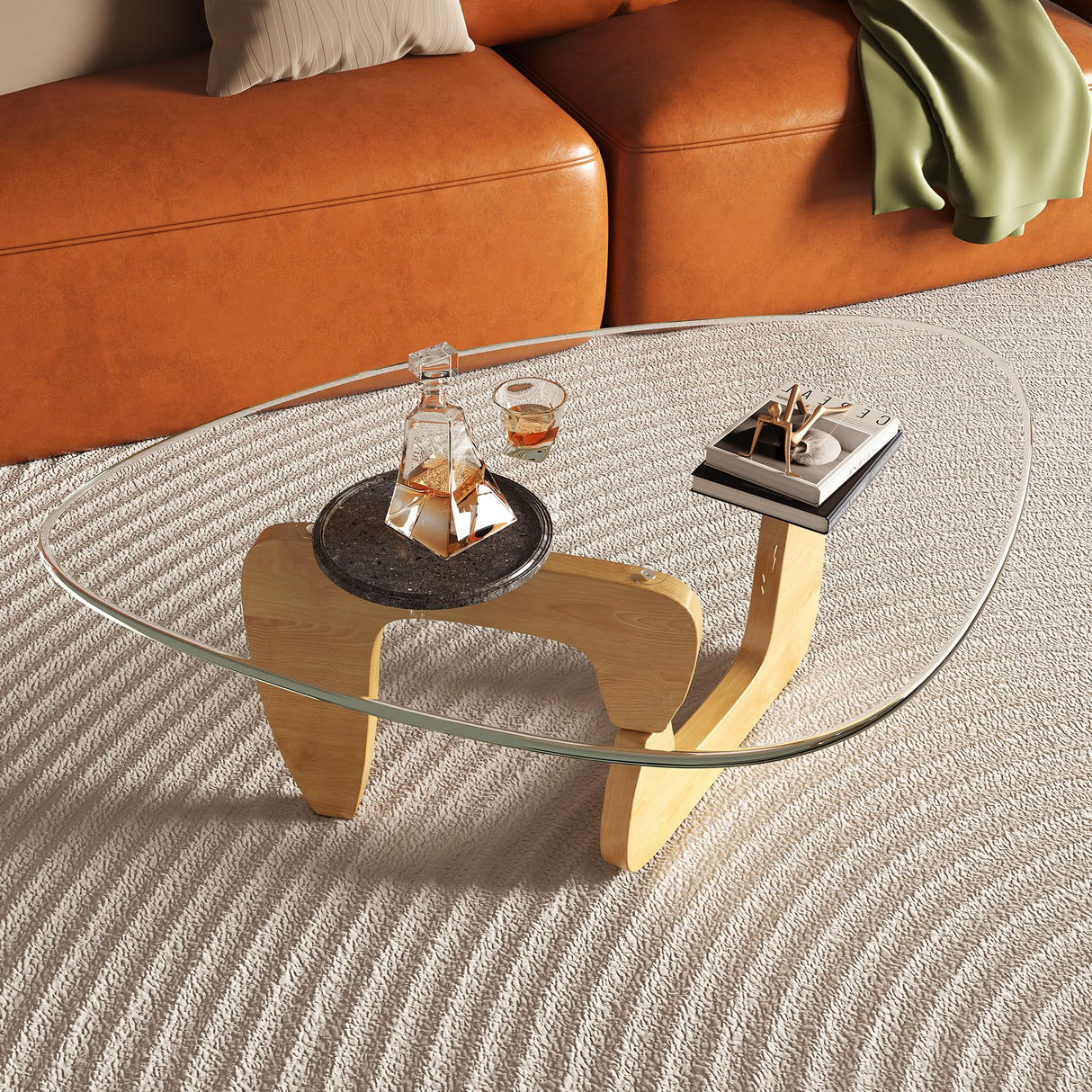 WLIVE Coffee Table, Small Glass Coffee Table with Solid Wood Legs, 32.7" Mid Century Triangle Living Room Tables, Modern Center Table for Small Spaces Living Room, Reception, Office, Natural WLIVE