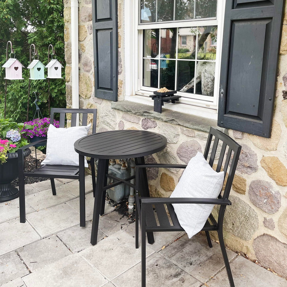 PHI VILLA 3 Piece Outdoor Patio Bistro Dining Set, Slatted Metal Round Table & 2 Patio Chairs, Outdoor Furniture Set for Porch, Deck PHI VILLA