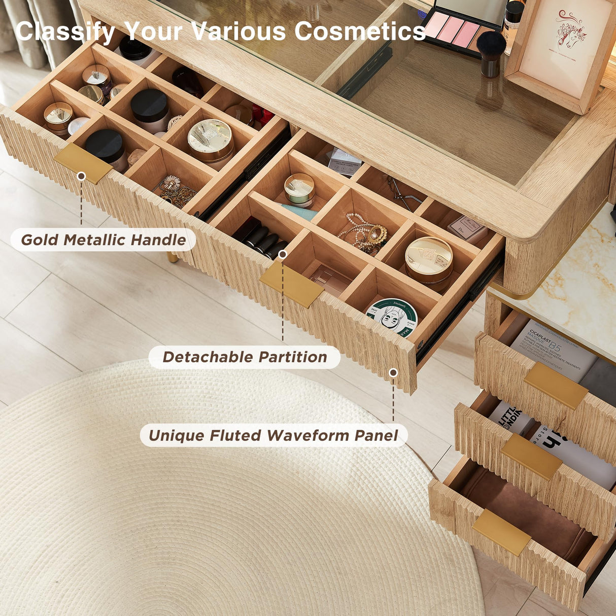 T4TREAM Makeup Vanity Desk with 36" HD Lighted Mirror, 48" Big Modern Vanity Desk with Mirror and Lights, Dressing Table with 5 Drawers & Shelves, Glass Top for Bedroom (Natural Oak) T4TREAM