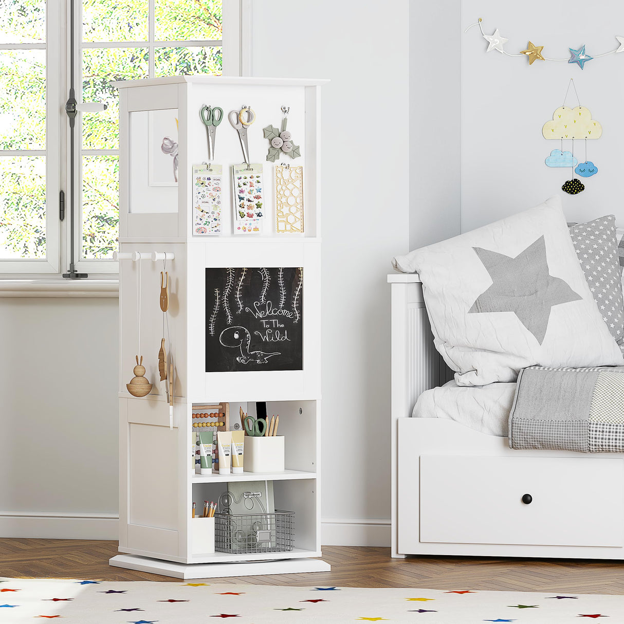 UTEX Kids Rotating Bookshelf Tower, 360 Display Revolving Bookcase with Blackboards and Hooks, 5 Tier Small Spinning Bookshelf for Kids Room, Nursery, Bedroom, Living Room, White UTEX