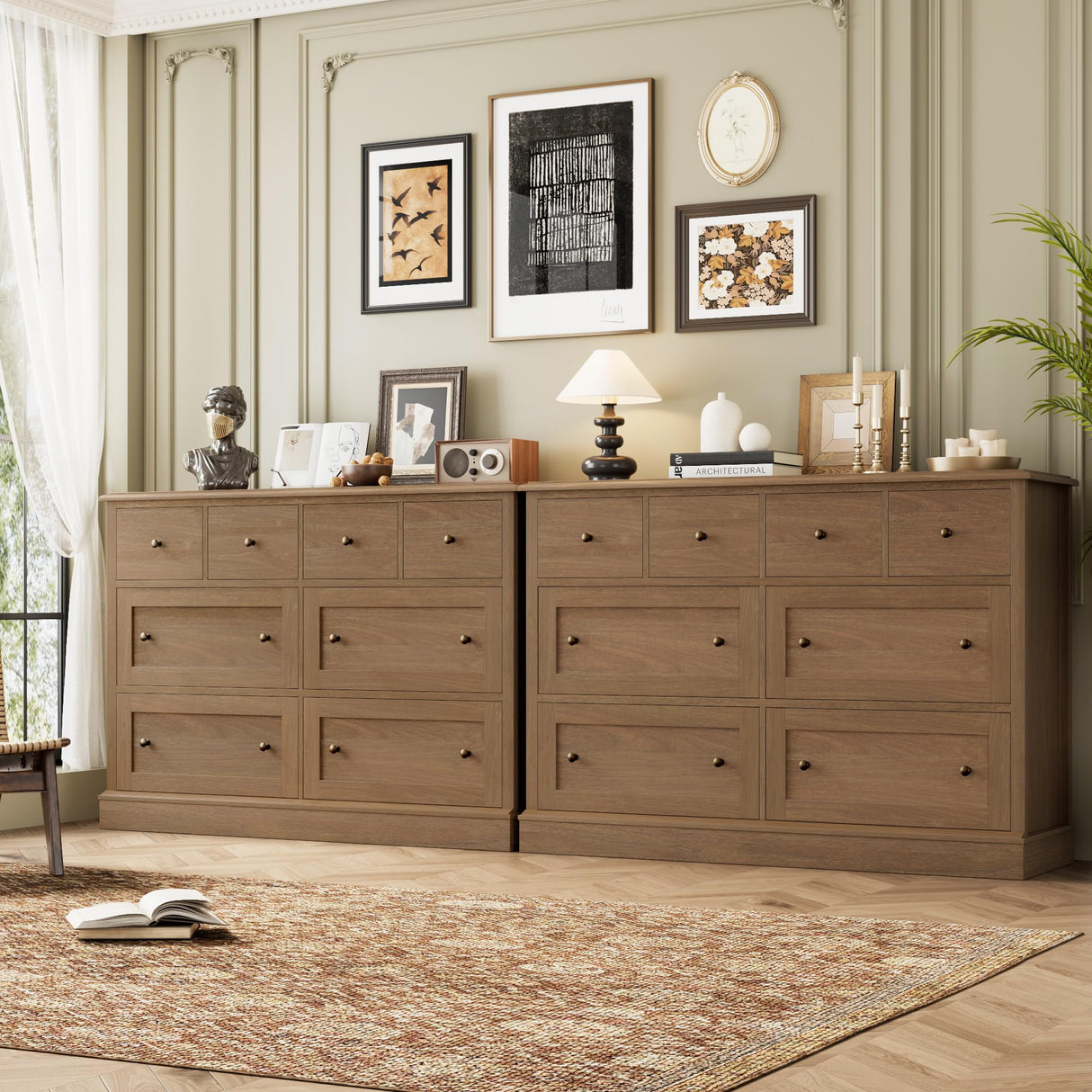 FINETONES 8 Drawer Dresser, 47.2" Chest of Drawers with Large Storage, Wood Dresser with Deep Drawers, Long Dressers & Chests of Drawers for Home Office, Walnut FINETONES