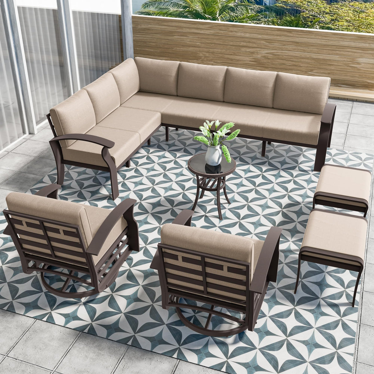ASJMR 10-seat Aluminum Patio Furniture Set, L-Shaped Sectional Sofa with 5.1" Cushions, High Backrest & 2 Footstools, Durable Outdoor Patio Furniture Set, Backyard, Poolside - Sand ASJMR