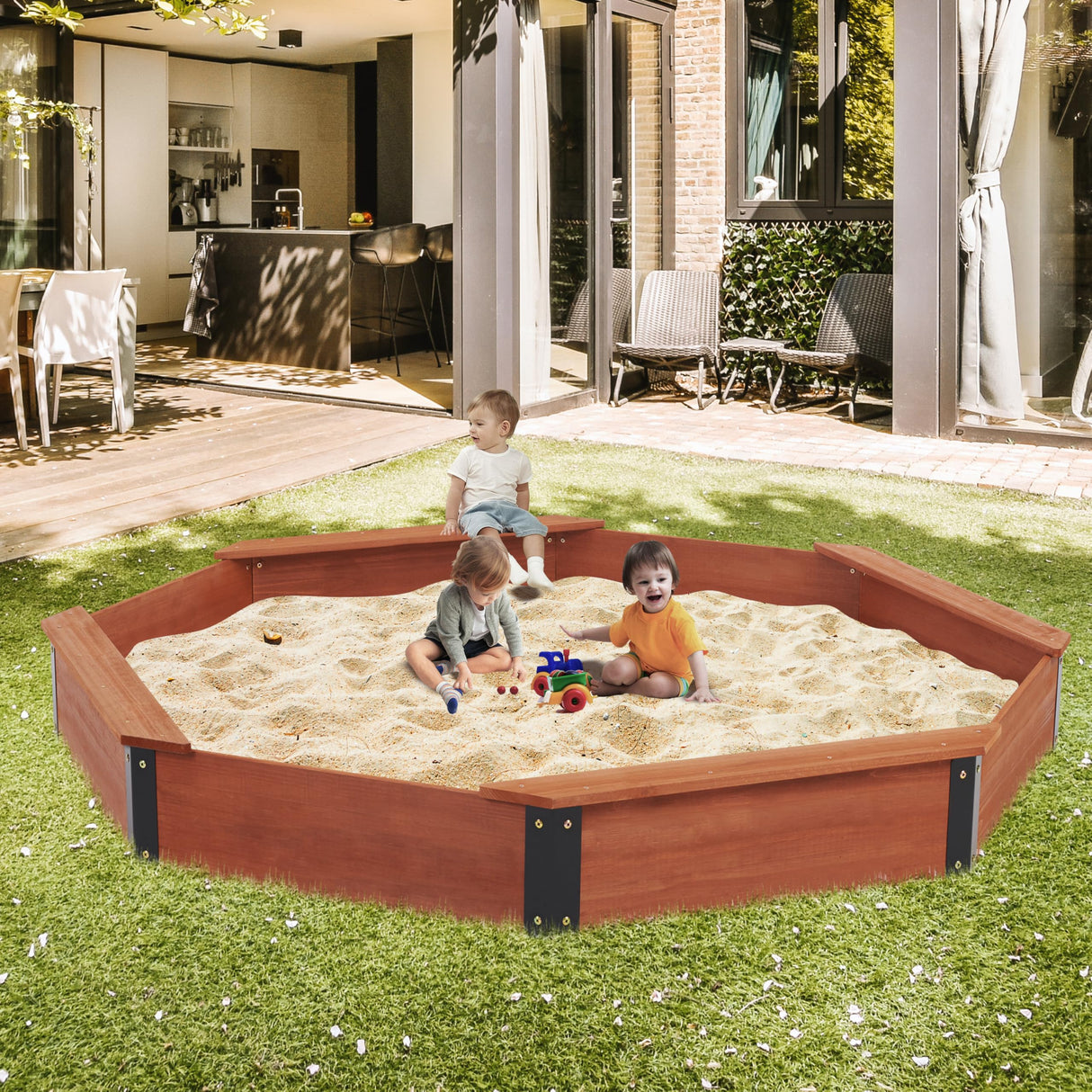 85''x78''x9'' Wooden Octagon Sandbox with Cover, Large Sandpit for Kids Outdoor Patio Backyard Play, Easy & Quick Assemble Mederra