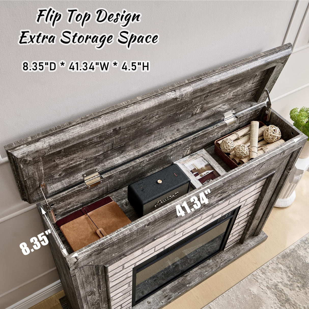 Aitjunz 45" Flip Top Electric Fireplace with Mantel, Electric Fireplace Heater, TV Stand with Freestanding Electric Fireplaces, Remote Control, Adjustable Flame Level for Living Room (Light Grey) Aitjunz