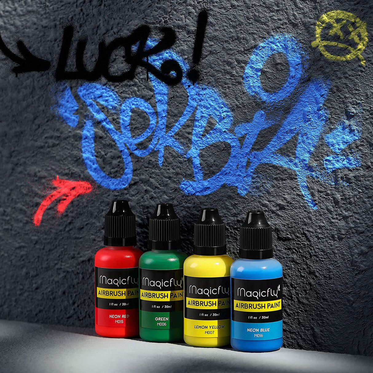 Magicfly Airbrush Paint, 16 Colors Acrylic Airbrush Paint Set (30 ml/1 oz), Ready to Spray, Opaque & Neon Colors, Water-based, Premium Kit for Beginners, Hobbyist and Artists Magicfly