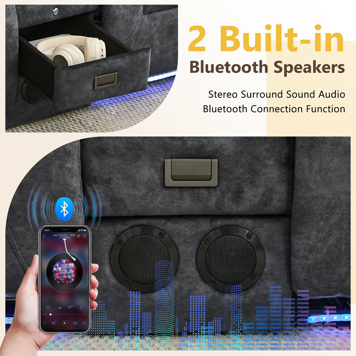 URRED Power Loveseat Recliner Sofa with Flipped Backrest Console, Wall Hugger RV Reclining Loveseat Sofa Couch with LED Light/Bluetooth Speakers/USB/Outlets/Cup Holders/Pillow/Side Pocket, Grey URRED