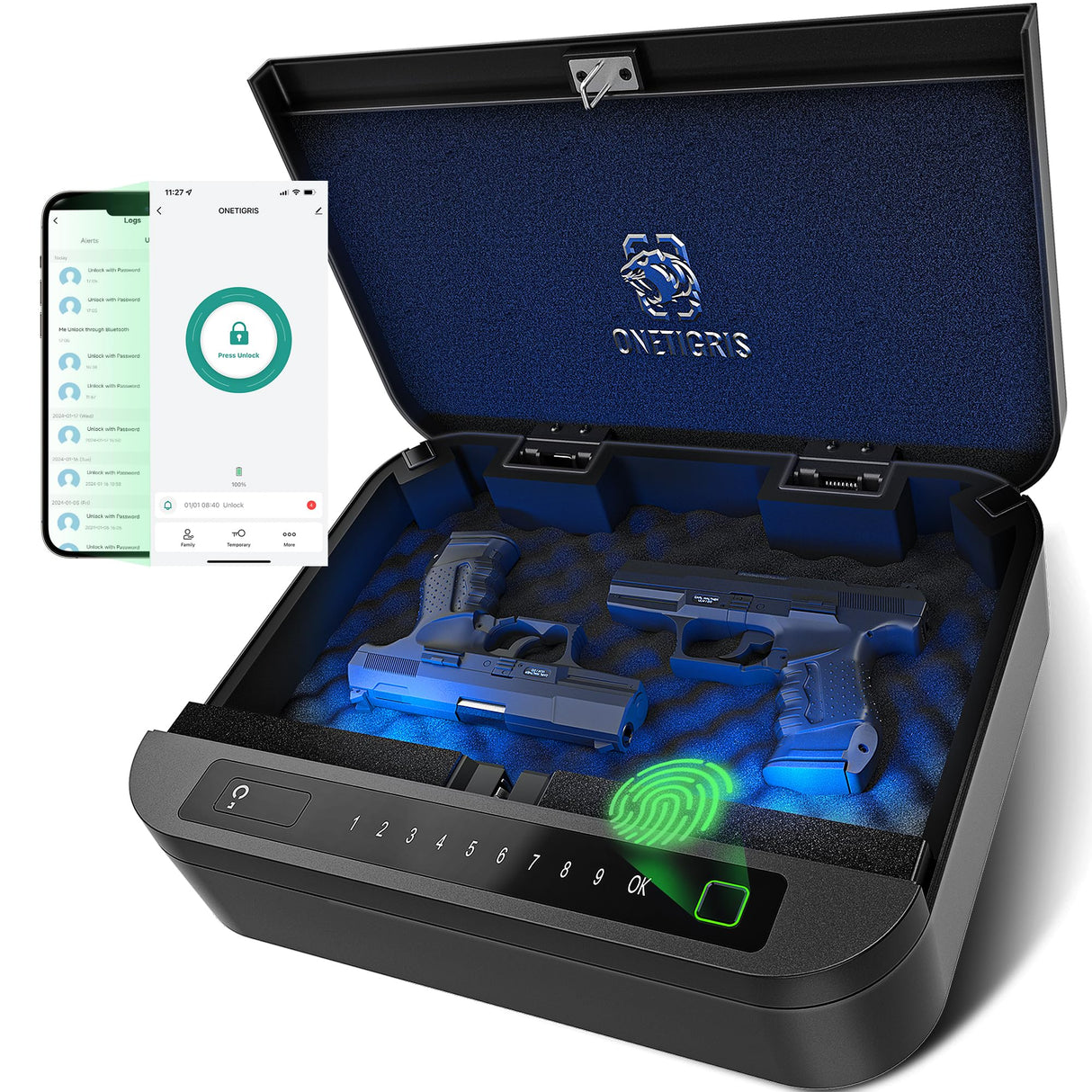 Biometric Gun Safe for Handgun, ≤0.1s Quick Access Pistol Safe 4-Ways Unlock APP/Fingerprint/Numeric Code/Key with Security Cable, Handgun Safe for Nightstand, Home, Bedside, Car - Aluminum Alloy OneTigris