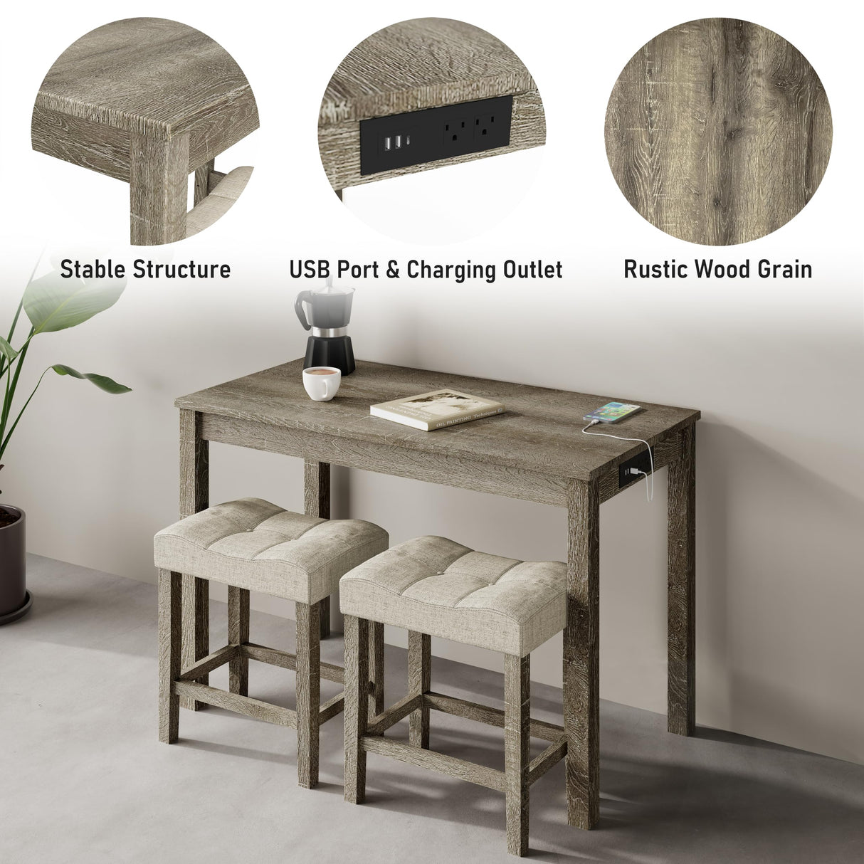 3-Piece Allamazing Natural Counter Height Bar Table Set with USB Ports and 2 Fabric Padded Stools allamazing