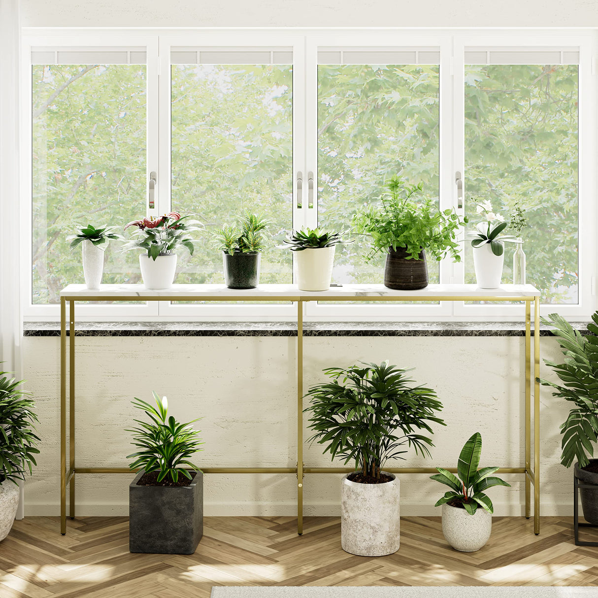 SONGXIN 70.9 Inch Console Table with Power Outlet,Modern Narrow Long Sofa Table Behind Couch,Skinny Entry Table with Gold Metal Frame for Entryway,Living Room, Hallway,Marble White SONGXIN