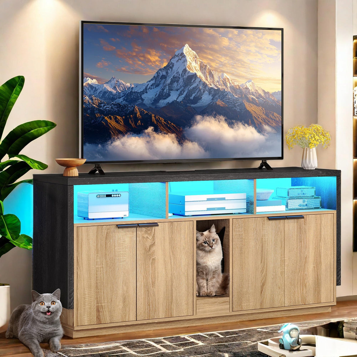 YITAHOME Double Hidden Cat Litter Box Enclosure with Power Outlet & LED Light, 60 Inch Dual Kitty Litter Box TV Stand Furniture for 2 Cats, Wooden Cat Cabinet for Indoor Cats, Grey Oak YITAHOME