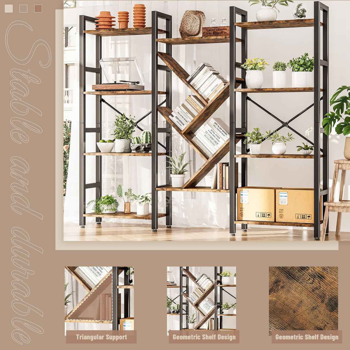 INNOD Triple 4 Tier Book Shelf, Large Wooden Bookcase with 14 Open Display Shelf, Modern Bookshelf Metal Frame Furniture for Living Room Bedroom Home Office Brown INNOD