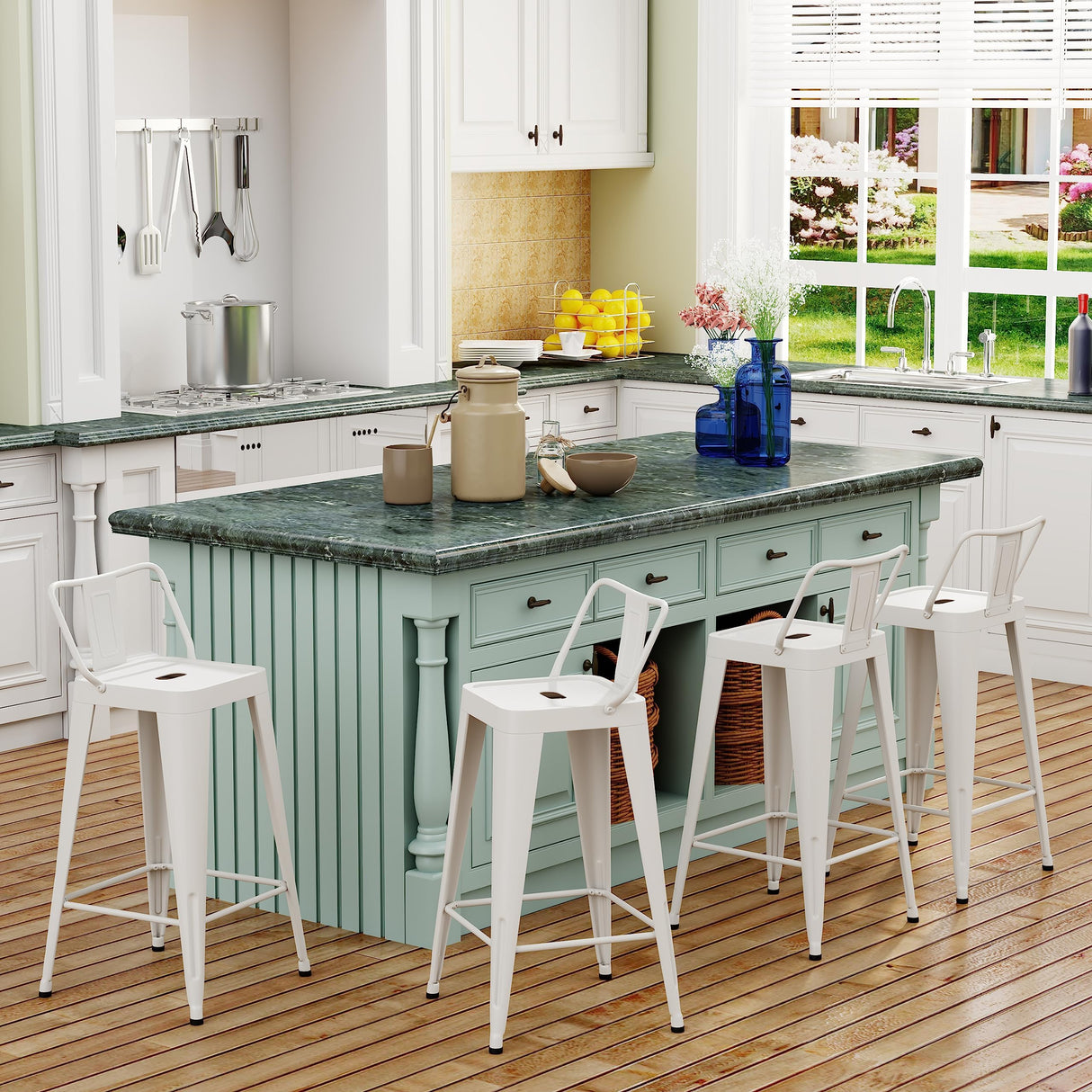 Arlunar home Metal Bar Stools Set of 4 Barstools Indoor/Outdoor Counter Height Bar Stools Bar Chairs with Back 24" Counter Height for Kitchen Island Dining Room (White, 24inch) Arlunar home