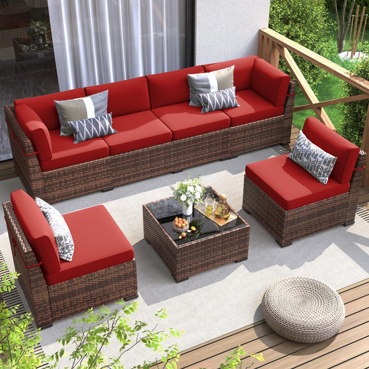 Poteban Patio Furniture Set, 7 Pieces Outdoor Modular Conversation Set Wicker Sectional Sofa for All Weather Rattan Patio Couch for Porch Garden Backyard Balcony Poolside (Red) Poteban