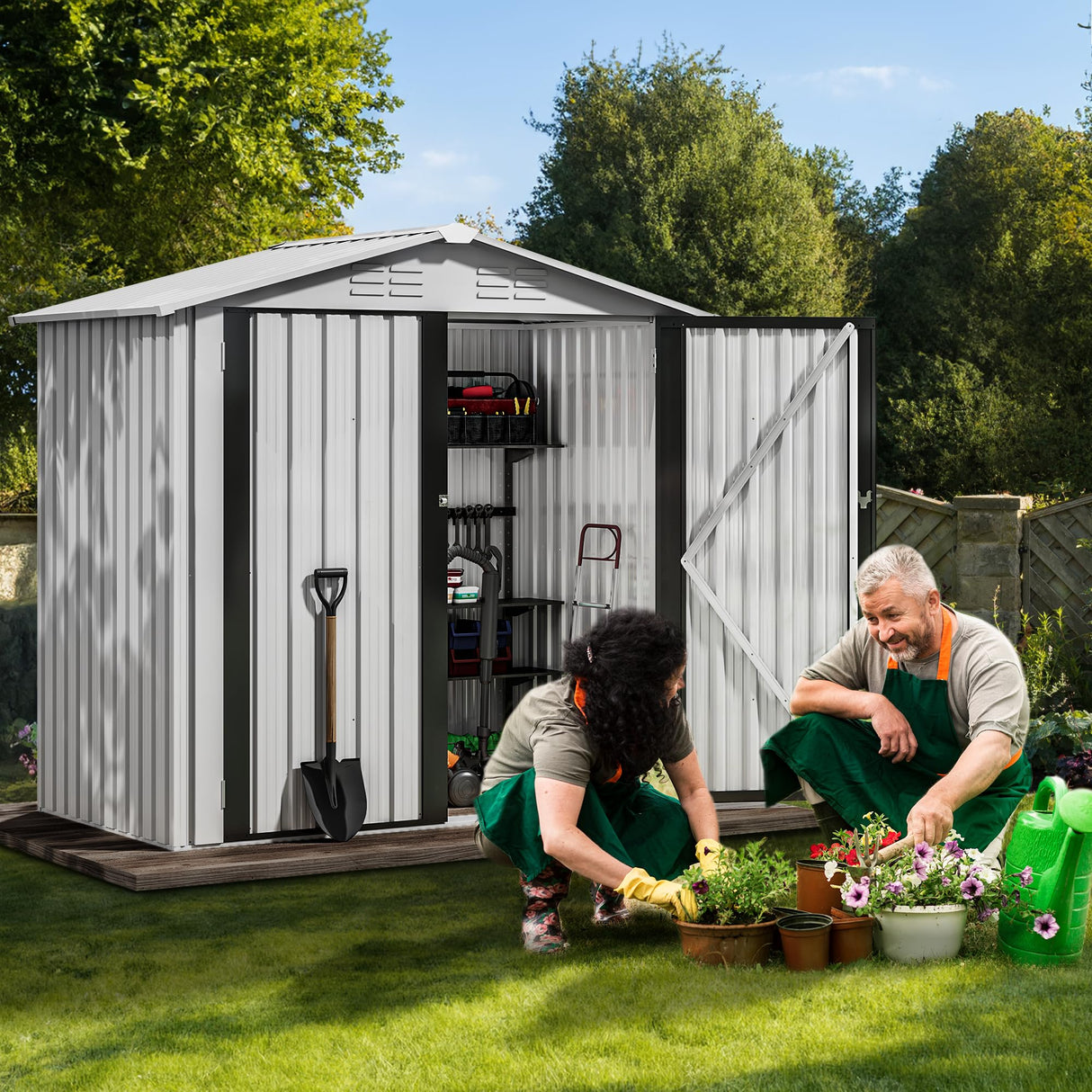 DWVO 5.6' x 3.2' Outdoor Storage Shed, Large Metal Tool Sheds, Heavy Duty Storage House with Lockable Doors & Air Vent for Backyard Patio Lawn to Store Bikes, Tools, Lawnmowers,White DWVO